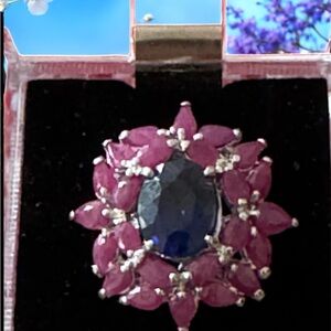 Handcrafted Sterling Silver Oval Genuine Blue Topaz & Rubies & White Topaz